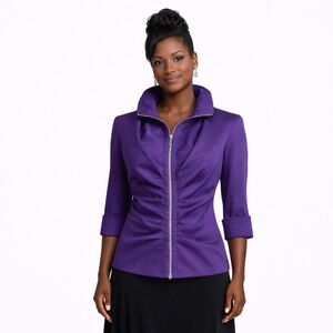 Joseph Ribkoff Purple Zip Front Ruched Jacket Size 6 Avant Garde Portrait Collar